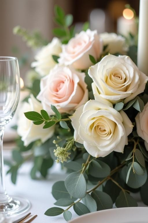 Dettaglio di un centrotavola per matrimonio con rose e eucalipto