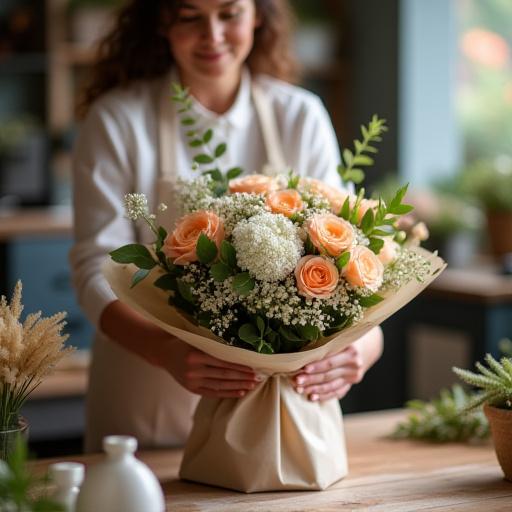 Un fiorista che prepara un pacco per la consegna a domicilio