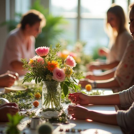 Persone che partecipano a un workshop di composizione floreale